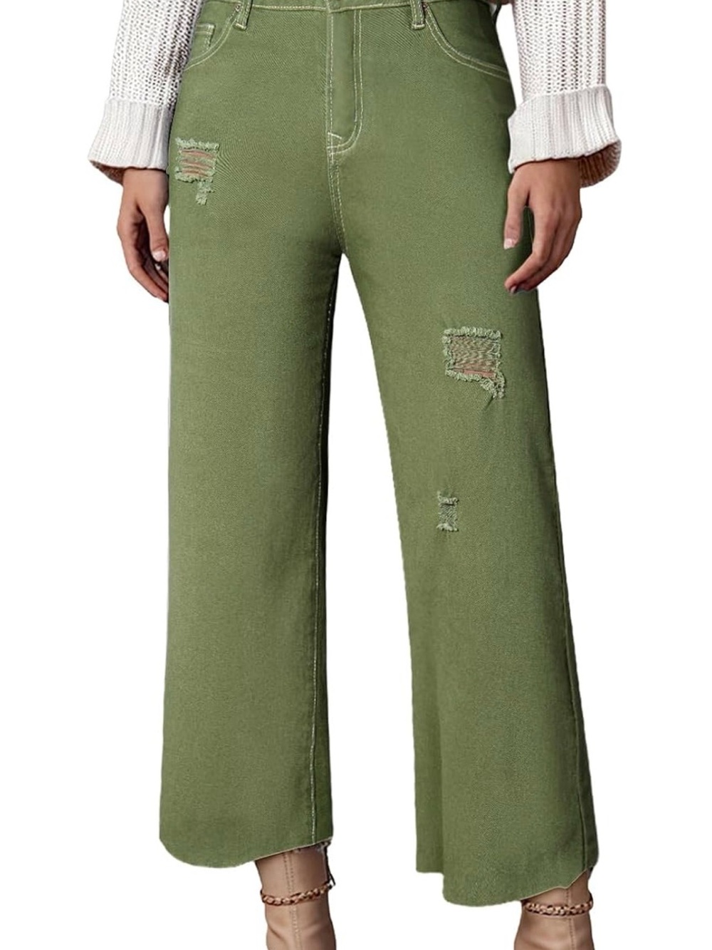 Cropped Wide Leg Distressed Jeans| NWT| Size 4| Fern Green| Fall Wear| Stretch